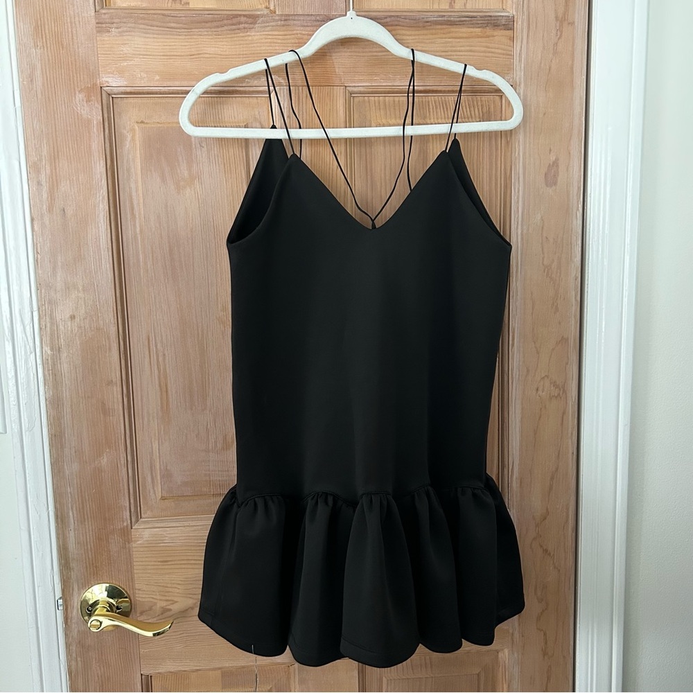 Styligion Black Mini Dress with Spaghetti Straps & Bubble Peplum Hemline Size S